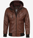 Mens Cognac Leather Bomber Jacket With Removable Hood