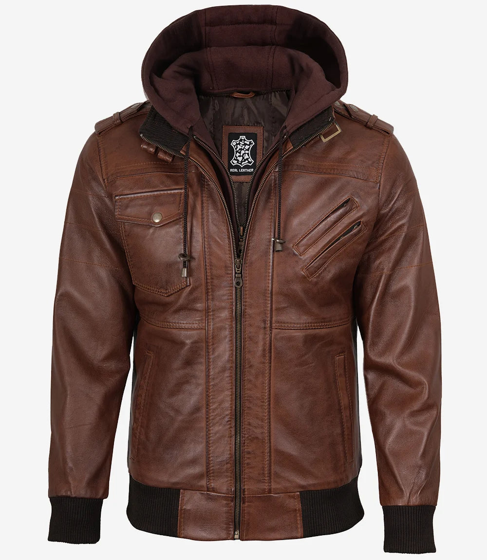 Mens Cognac Leather Bomber Jacket With Removable Hood