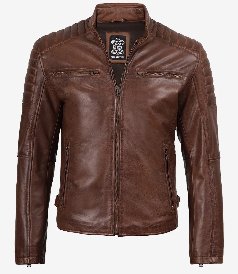 Mens Cognac Waxed Cafe Racer Leather Jacket