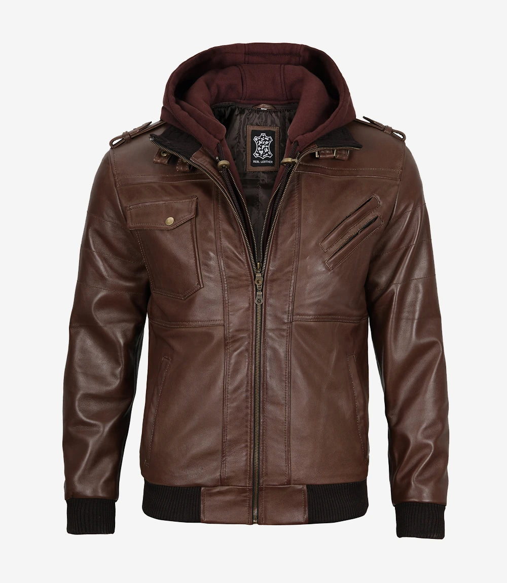 Mens Real Leather Dark Brown Bomber Jacket With Removable Hood