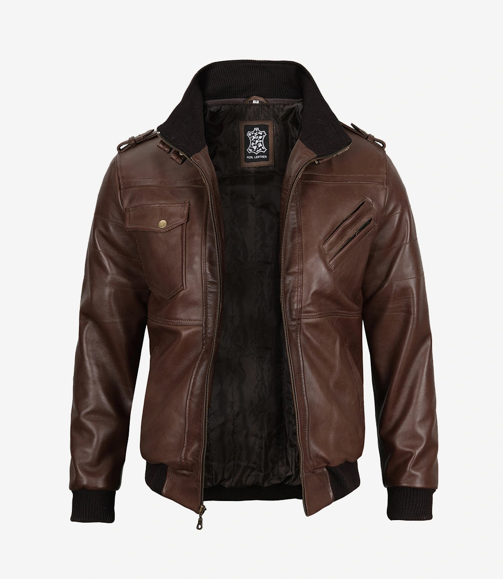 Mens Real Leather Dark Brown Bomber Jacket With Removable Hood