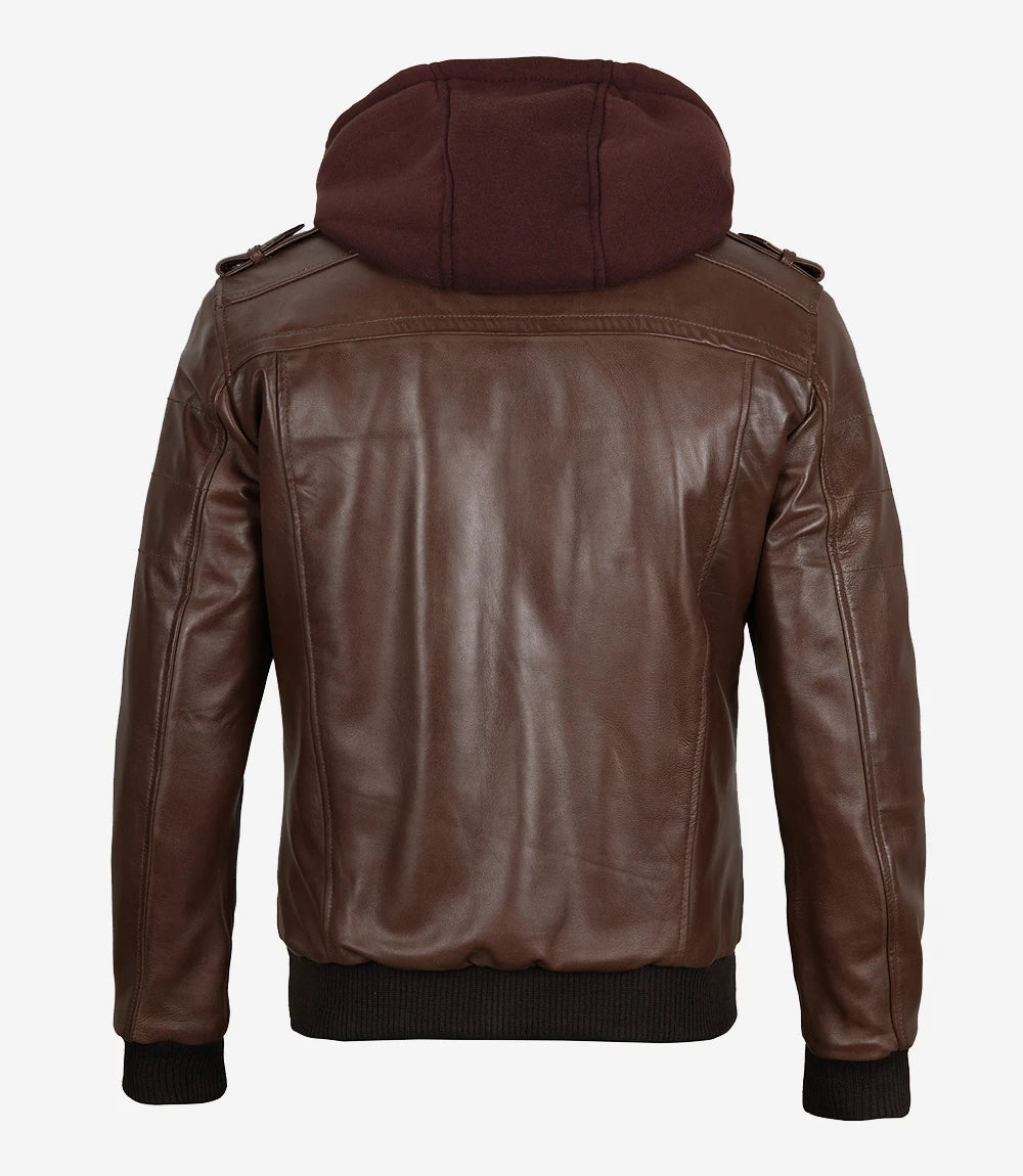 Mens Real Leather Dark Brown Bomber Jacket With Removable Hood