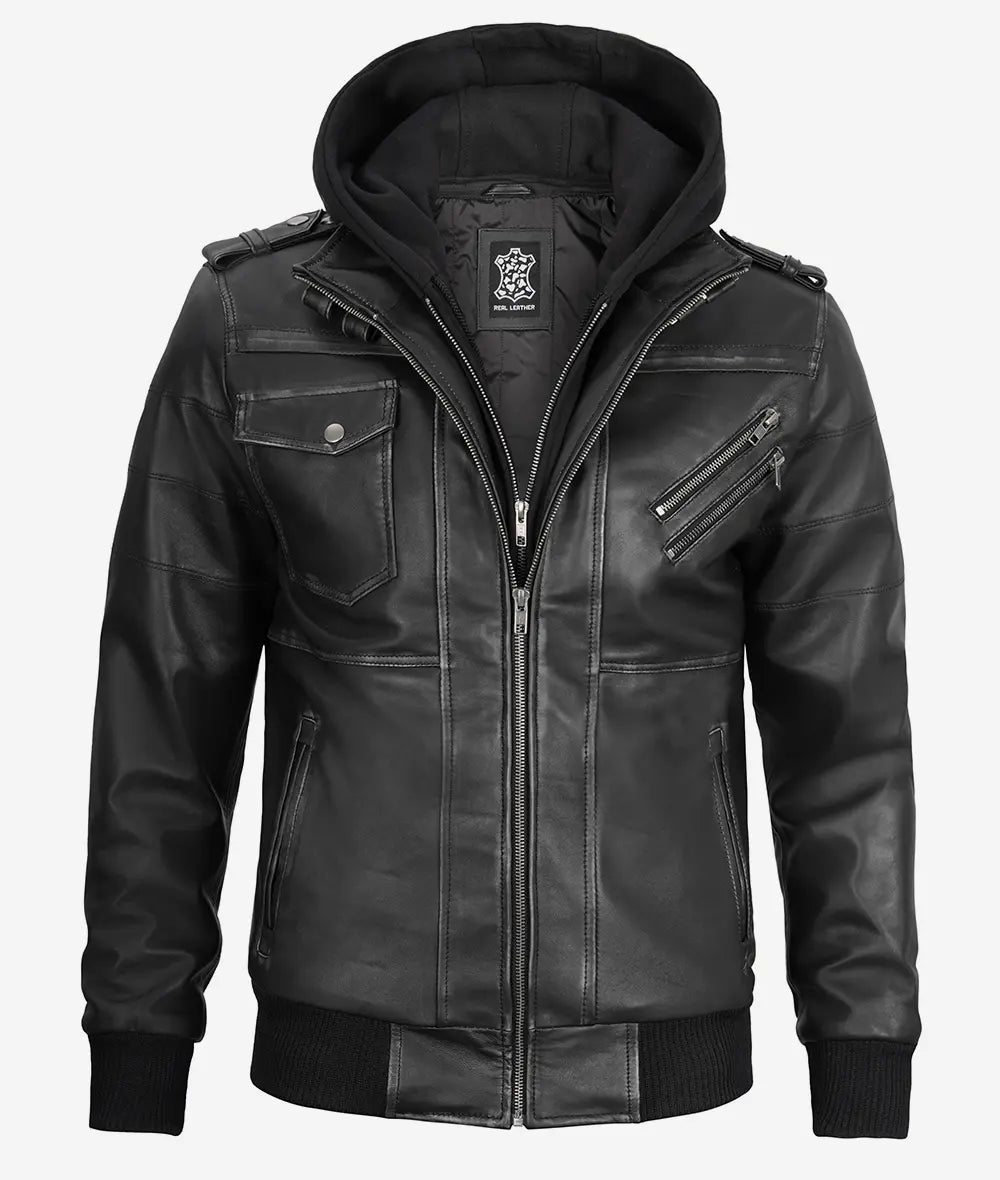 Mens Grey Leather Bomber Jacket With Removable Hood