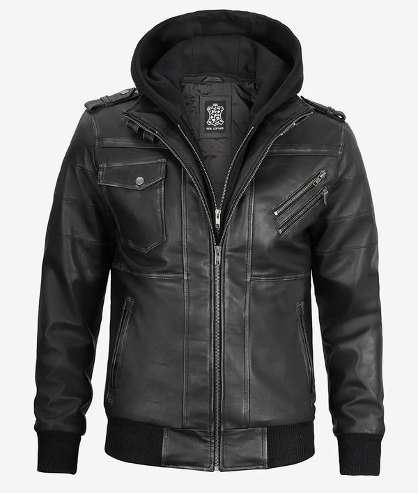 Brown Hooded Jacket Men's |Cognac Bomber Leather Jacket with Hood