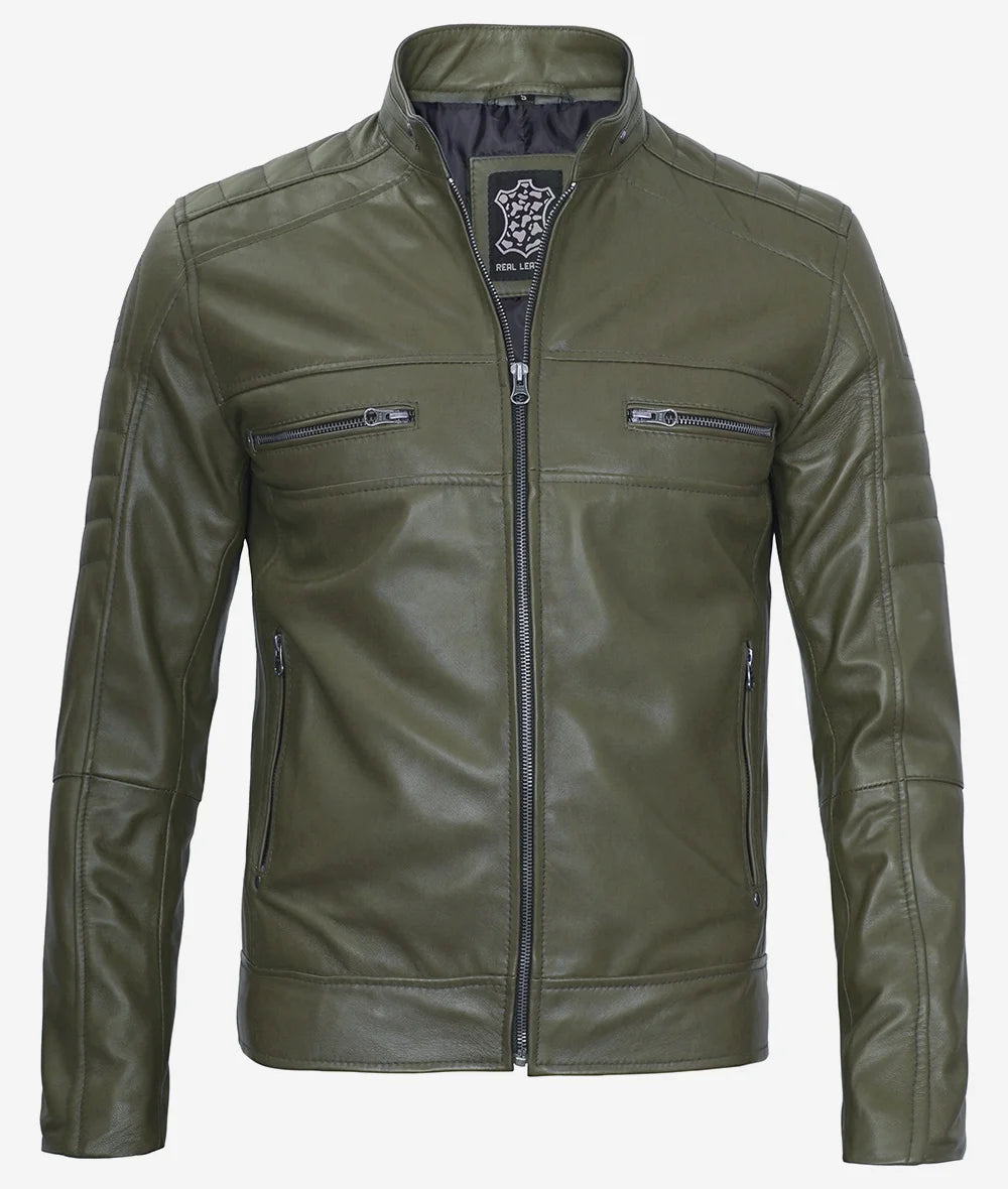 Mens Green Cafe Racer Leather Jacket