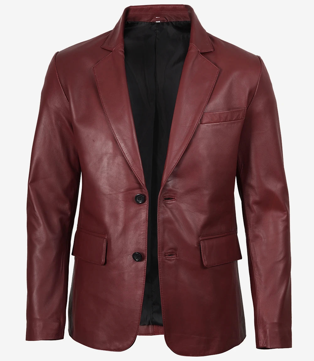 Men's Notch Lapel Maroon Leather Blazer – Two Button