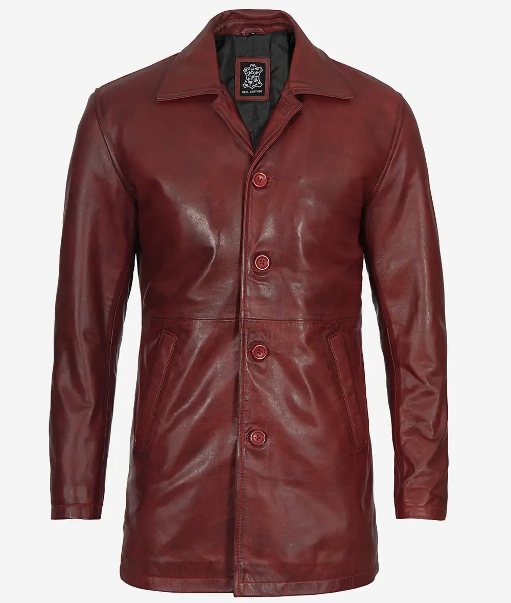 Distressed Leather Maroon Coat Mens