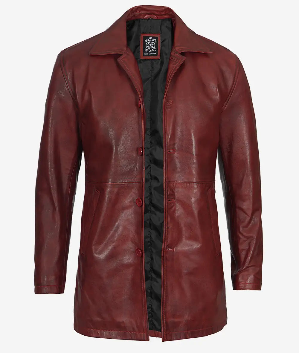 Distressed Leather Maroon Coat Mens