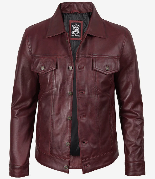 Men's Real Lambskin Leather Burgundy Trucker Jacket
