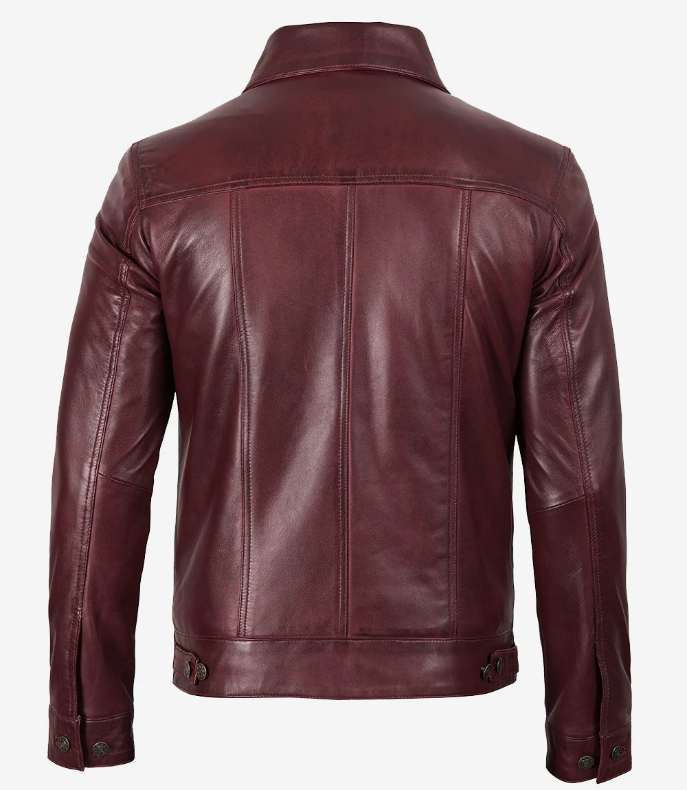 Men's Real Lambskin Leather Burgundy Trucker Jacket