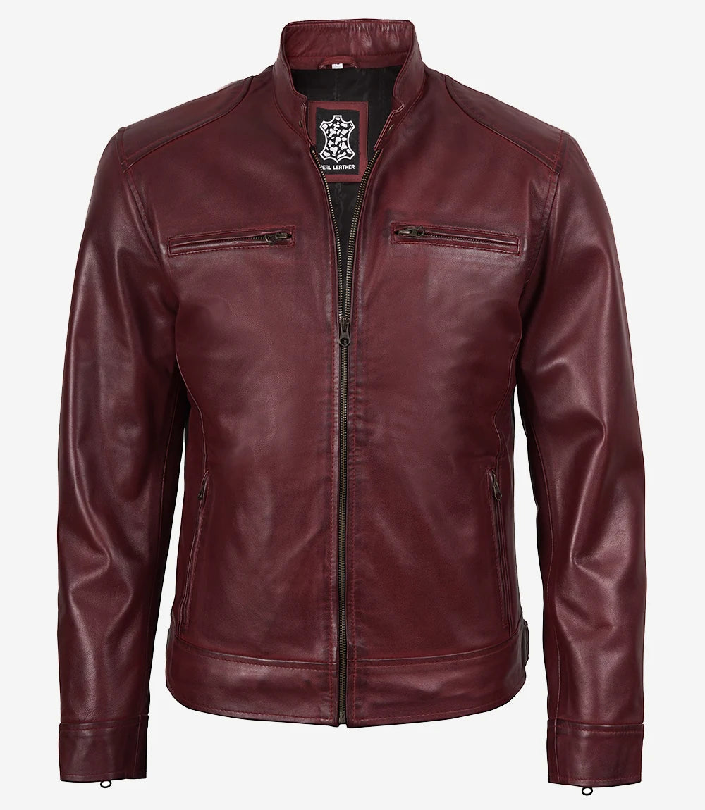 Men's Burgundy Biker Style Leather Jacket
