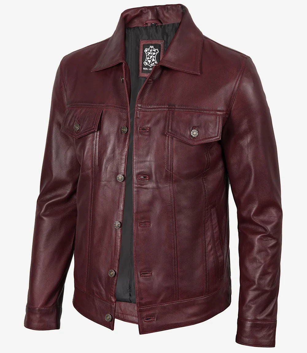 Men's Real Lambskin Leather Burgundy Trucker Jacket