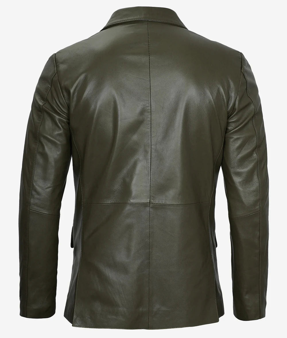 Mens Two Button Green Leather Blazer