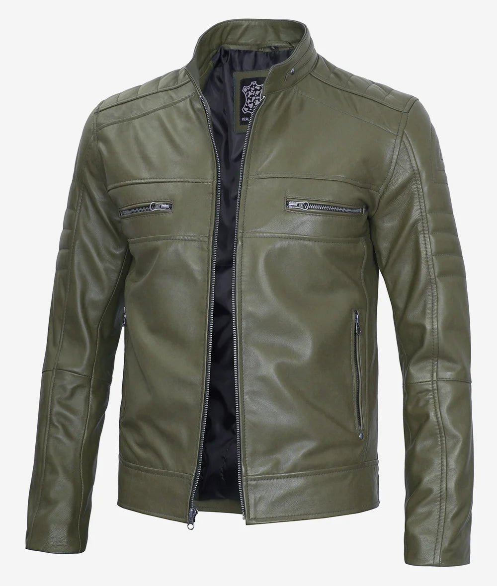 Mens Green Cafe Racer Leather Jacket