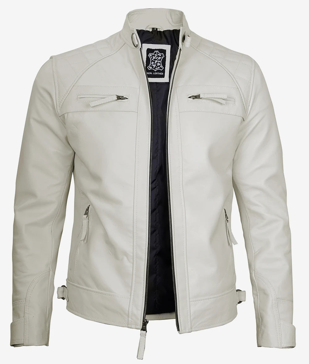 Mens Quilted Shoulder White Cafe Racer Leather Jacket
