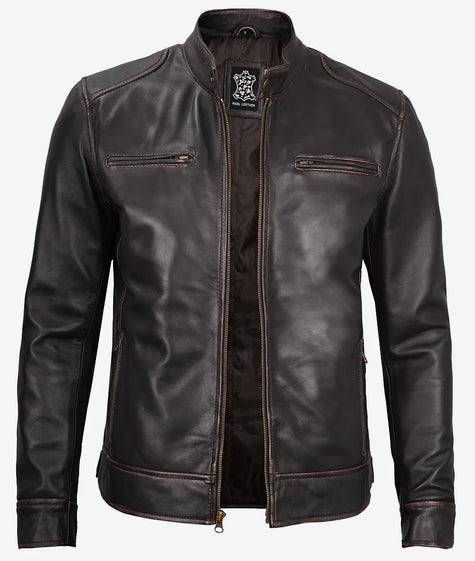 Mens Distressed Brown Moto Racer Jacket