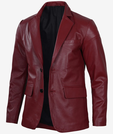 Mens Leather 2 Buttons Maroon Blazer