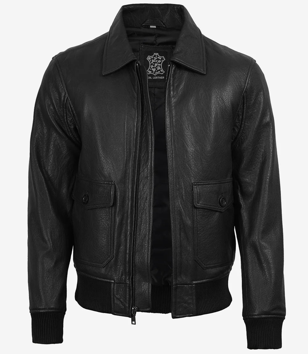 Men's Classic Washed Black Leather Bomber Jacket - Black - view 2