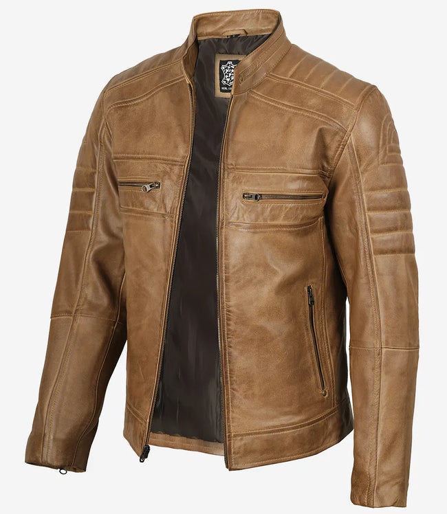 Men's Biker Style Camel Brown Leather Jacket