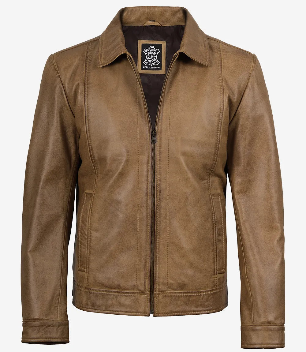 Mens Shirt Collar Yellow Waxed Leather Jacket 