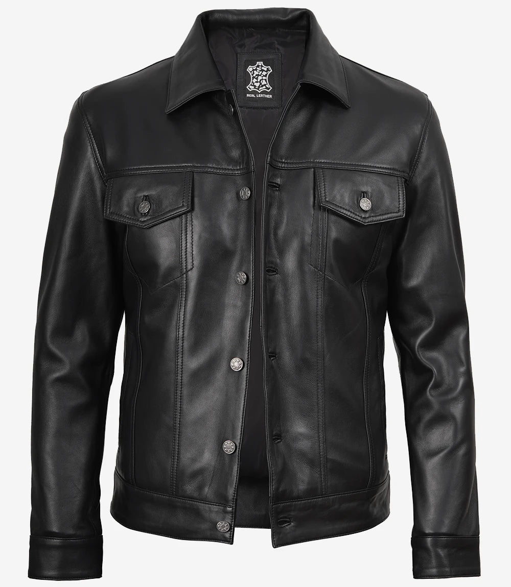 Mens Four Pockets Black Leather Trucker Jacket