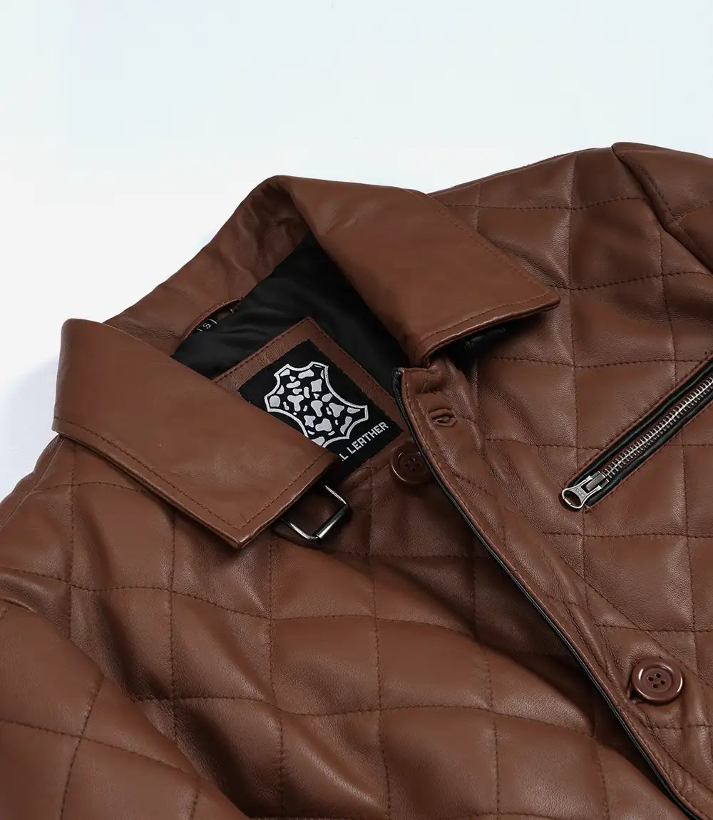 Men's Cognac Diamond Quilted Leather Car Coat With Black Detailing