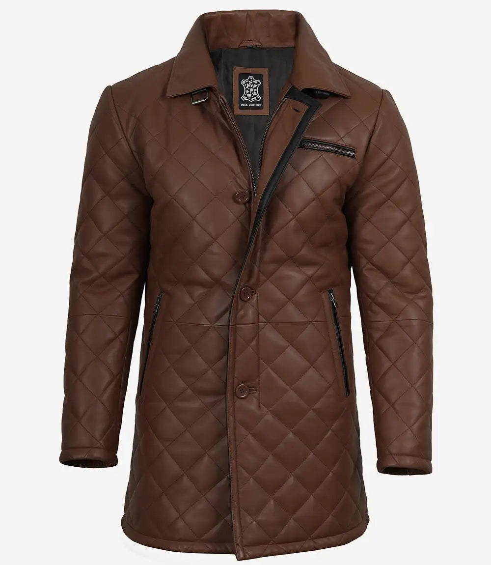 Men's Cognac Diamond Quilted Leather Car Coat With Black Detailing