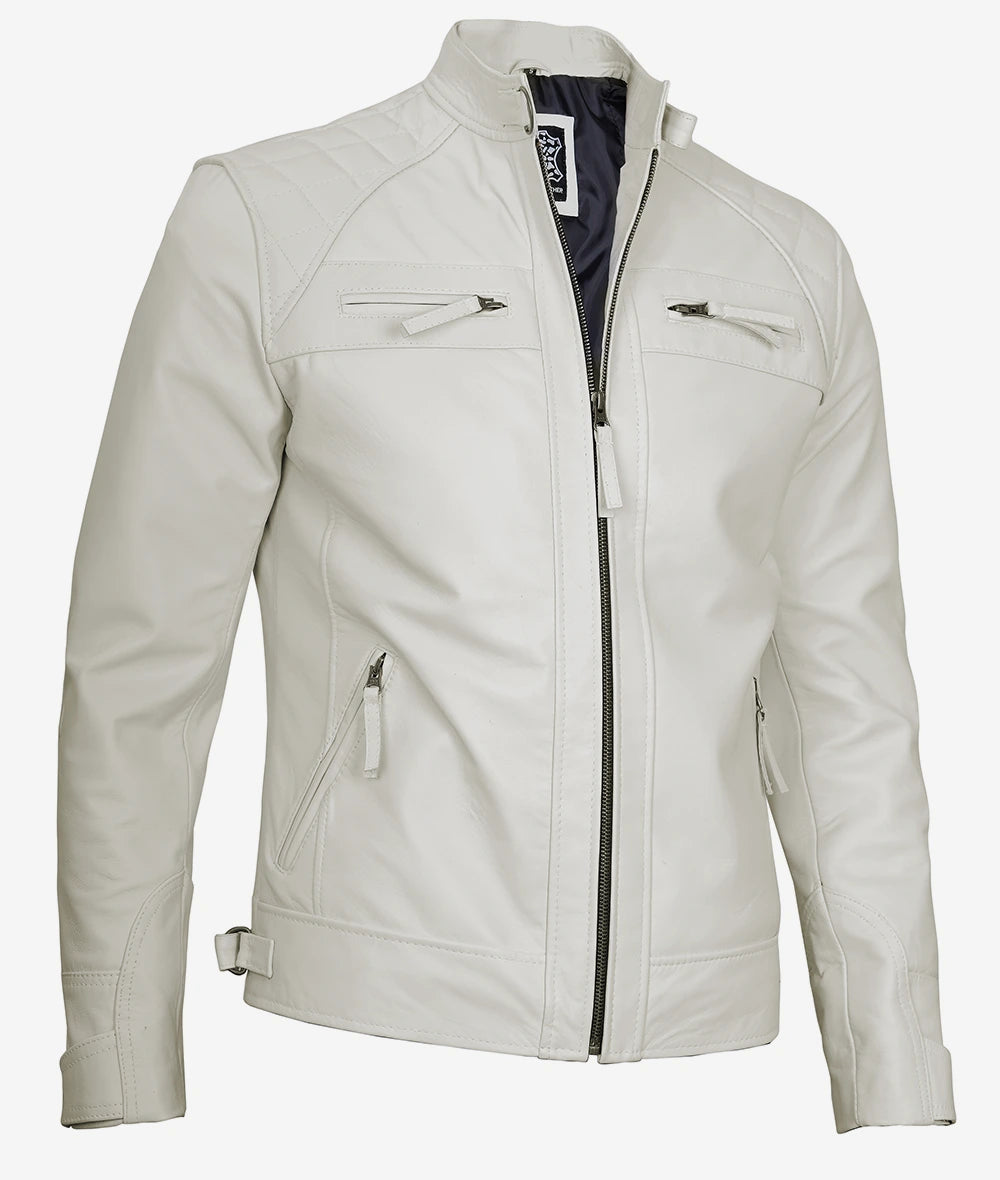 Mens Quilted Shoulder White Cafe Racer Leather Jacket
