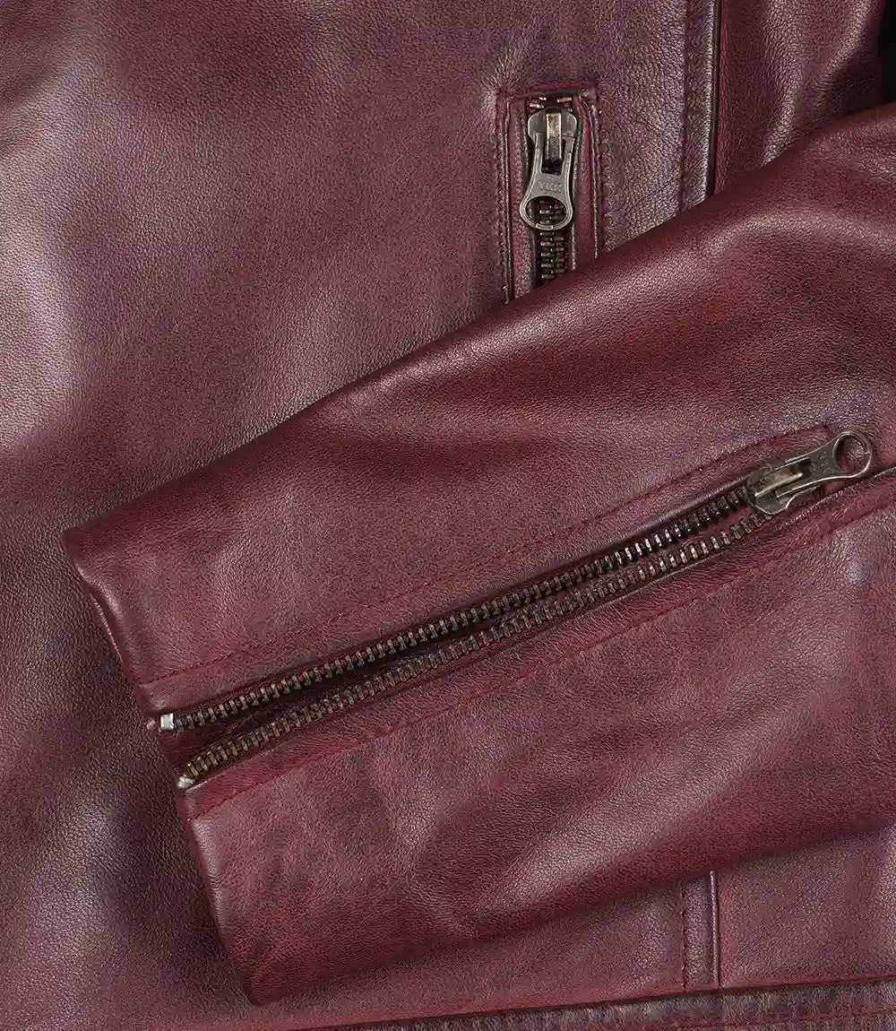 Mens Biker Style Burgundy Leather Jacket