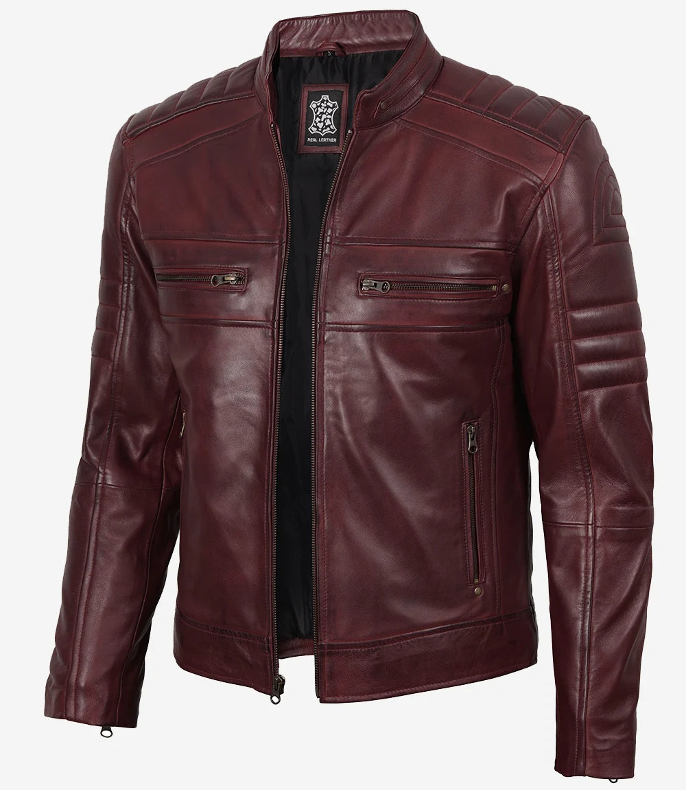 Mens Biker Style Burgundy Leather Jacket