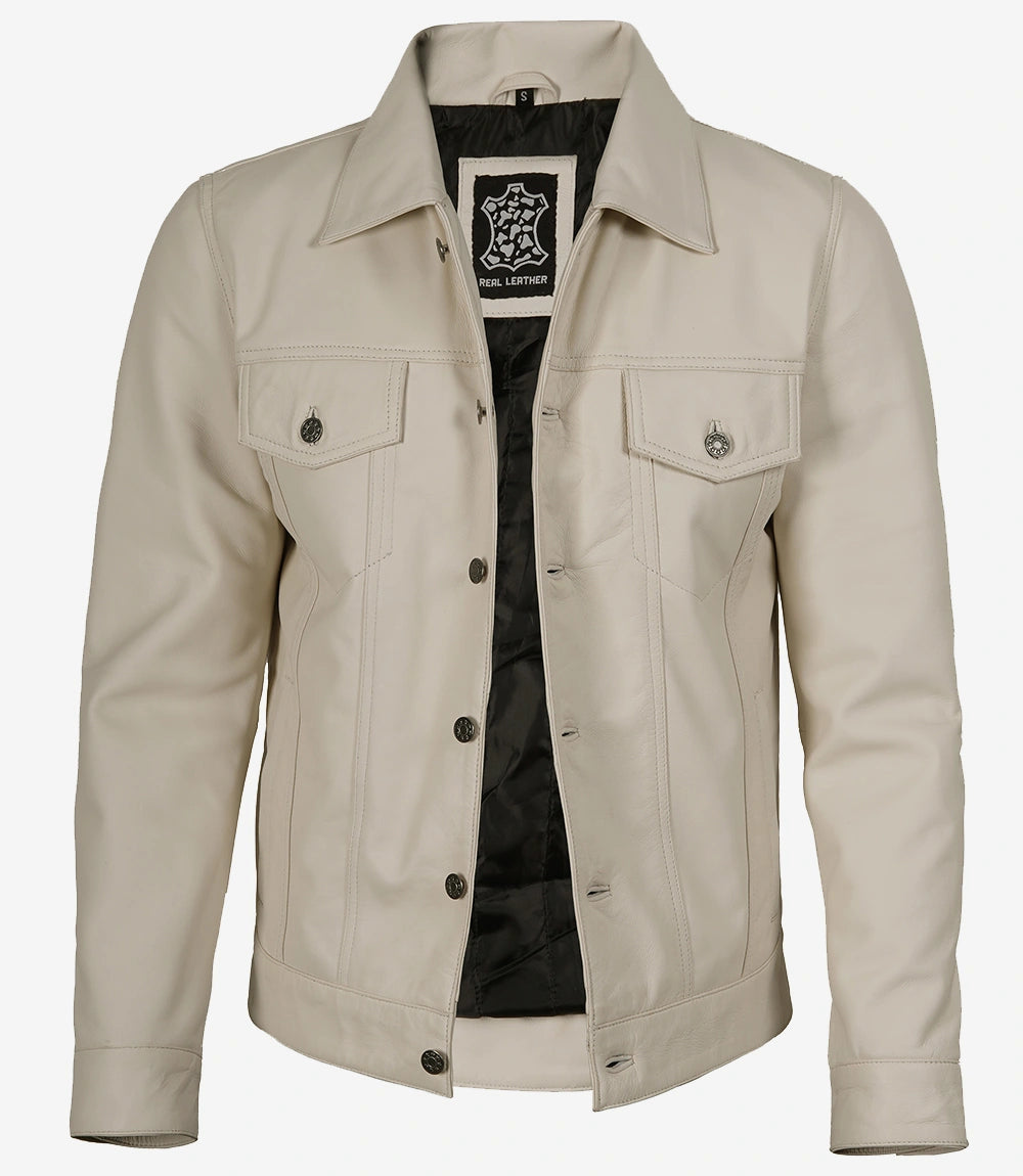 Mens Four Pockets Off White Leather Trucker Jacket