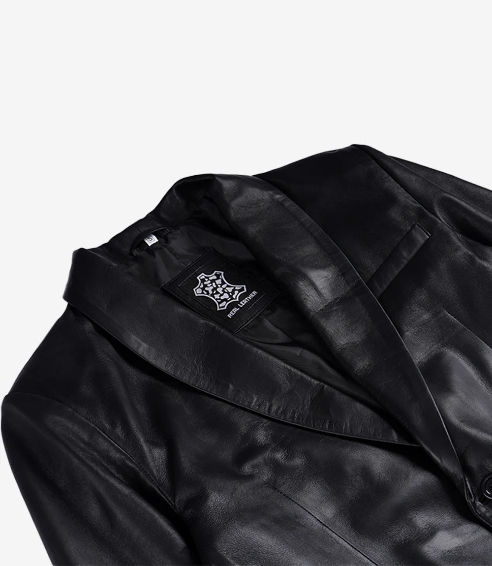 Men's Single Button Black Leather Blazer - Shawl Lapel