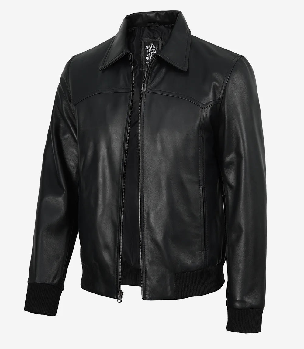 Men’s Premium Black Leather Bomber Jacket – Classic Shirt Collar