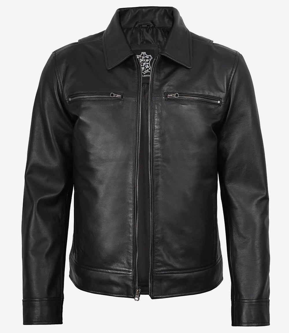 Mens Classic Shirt Collar Black Leather Jacket