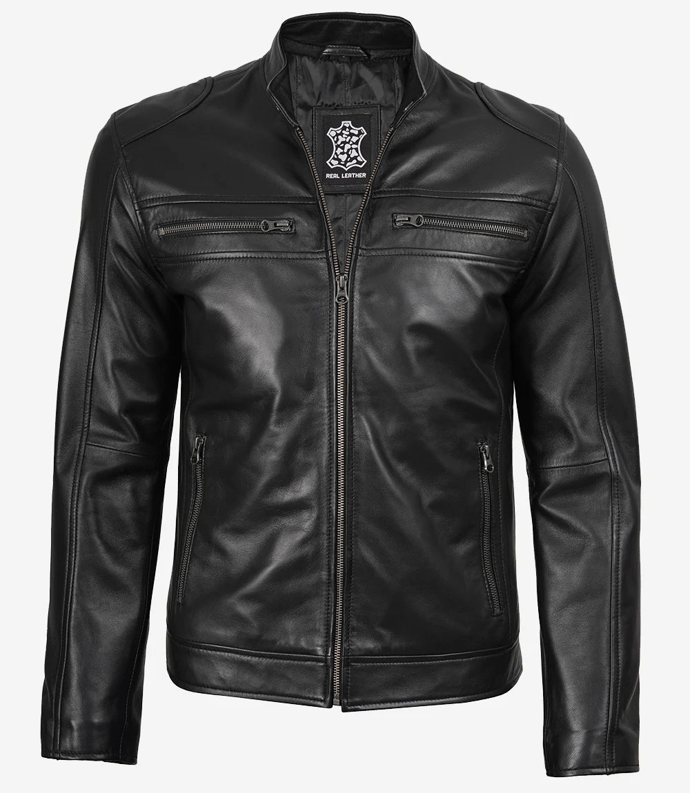Mens Real Leather Black Biker Style Jacket