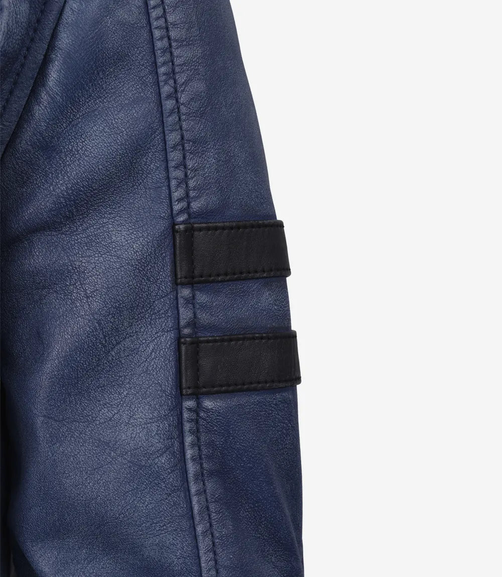 Men's Washed Blue Biker Style Leather Jacket With Black Stripes