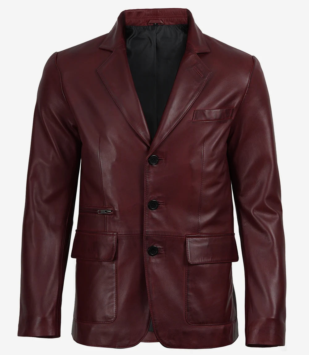 Eliseo Men's Burgundy Lambskin Leather Blazer - Three Button Style