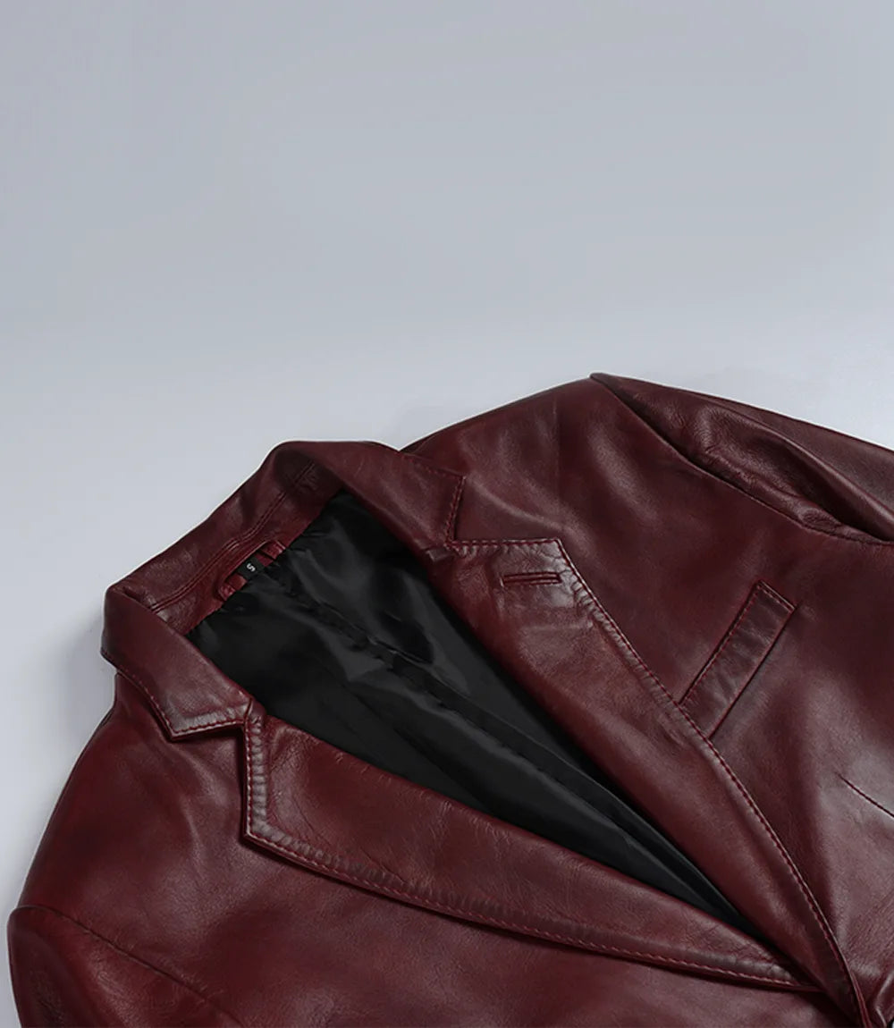 Men's Two Button Notch Lapel Burgundy Waxed Leather Blazer