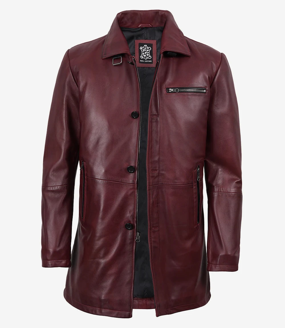 Men's 3/4 Length Burgundy Waxed Leather Coat