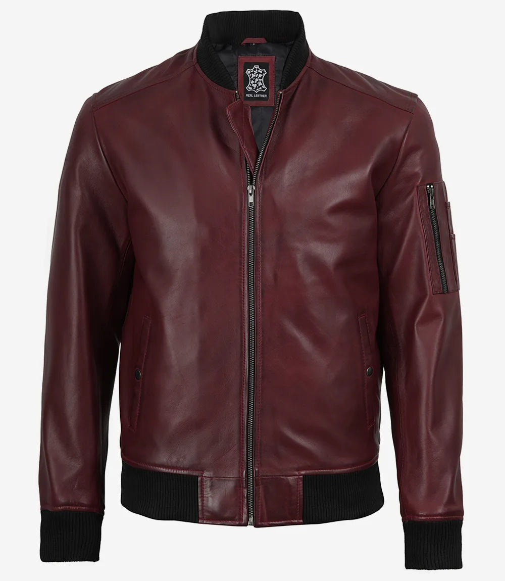 Men’s Burgundy Waxed Leather Flight Bomber Jacket