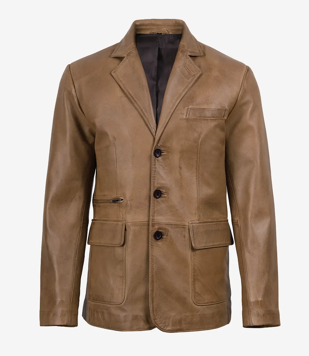 Men's Camel Waxed 3 Button Leather Blazer