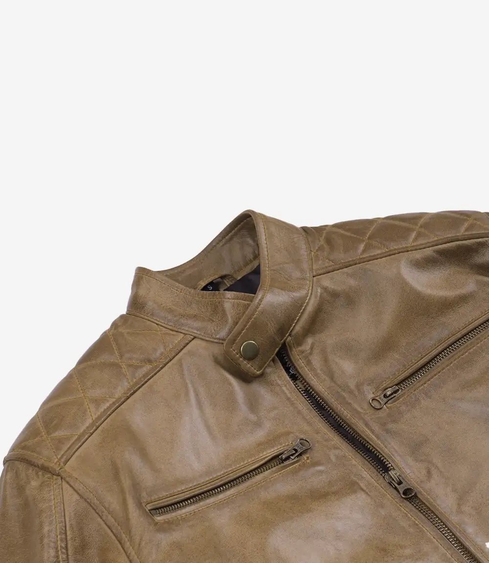 Men's Camel Waxed Leather Biker Style Jacket With Cognac Stripes