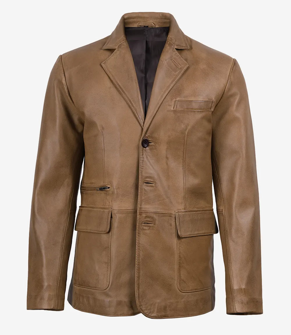 Men's Camel Waxed 3 Button Leather Blazer