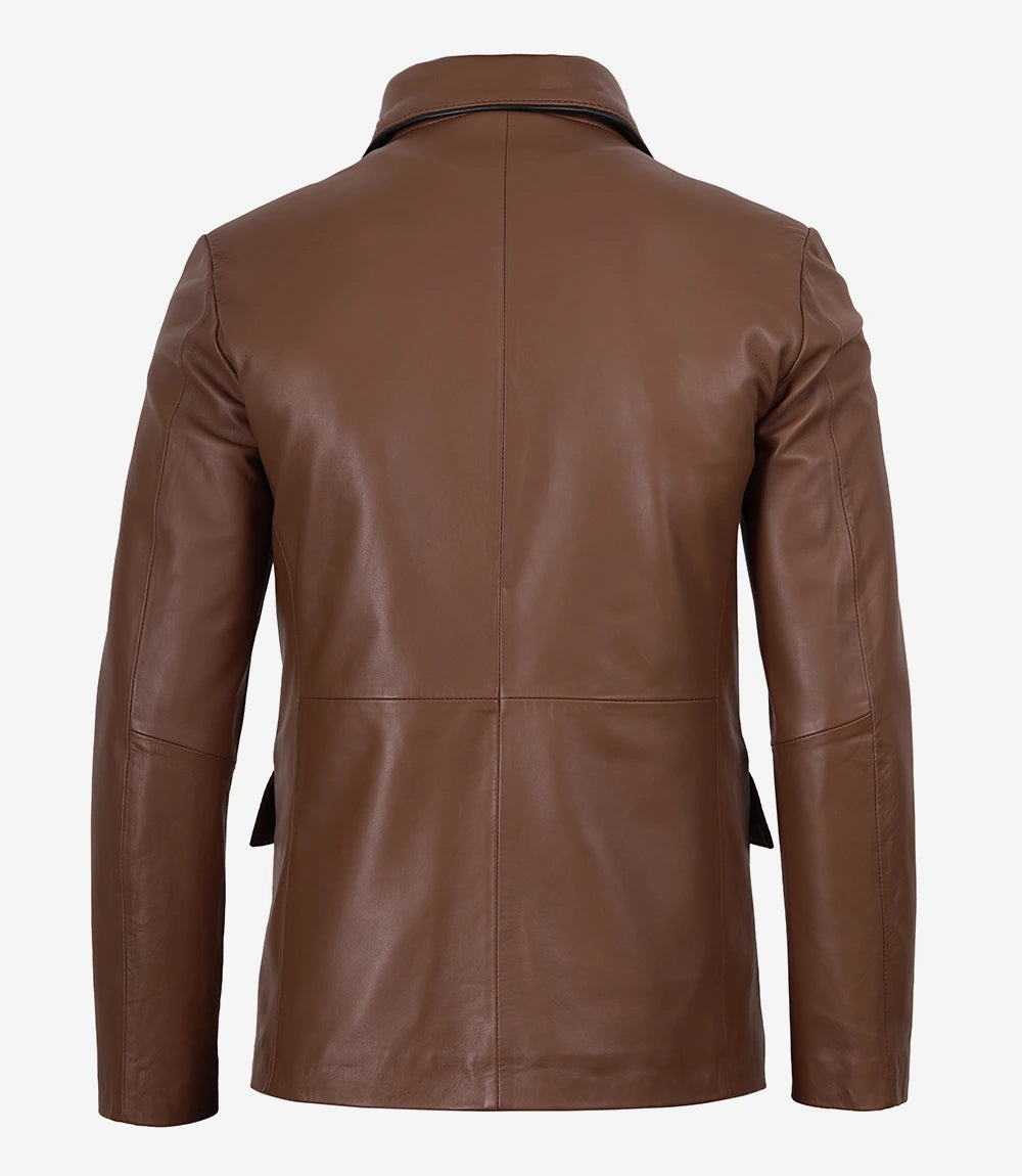 Men's 2 Button Cognac Leather Blazer - Black Piping Details