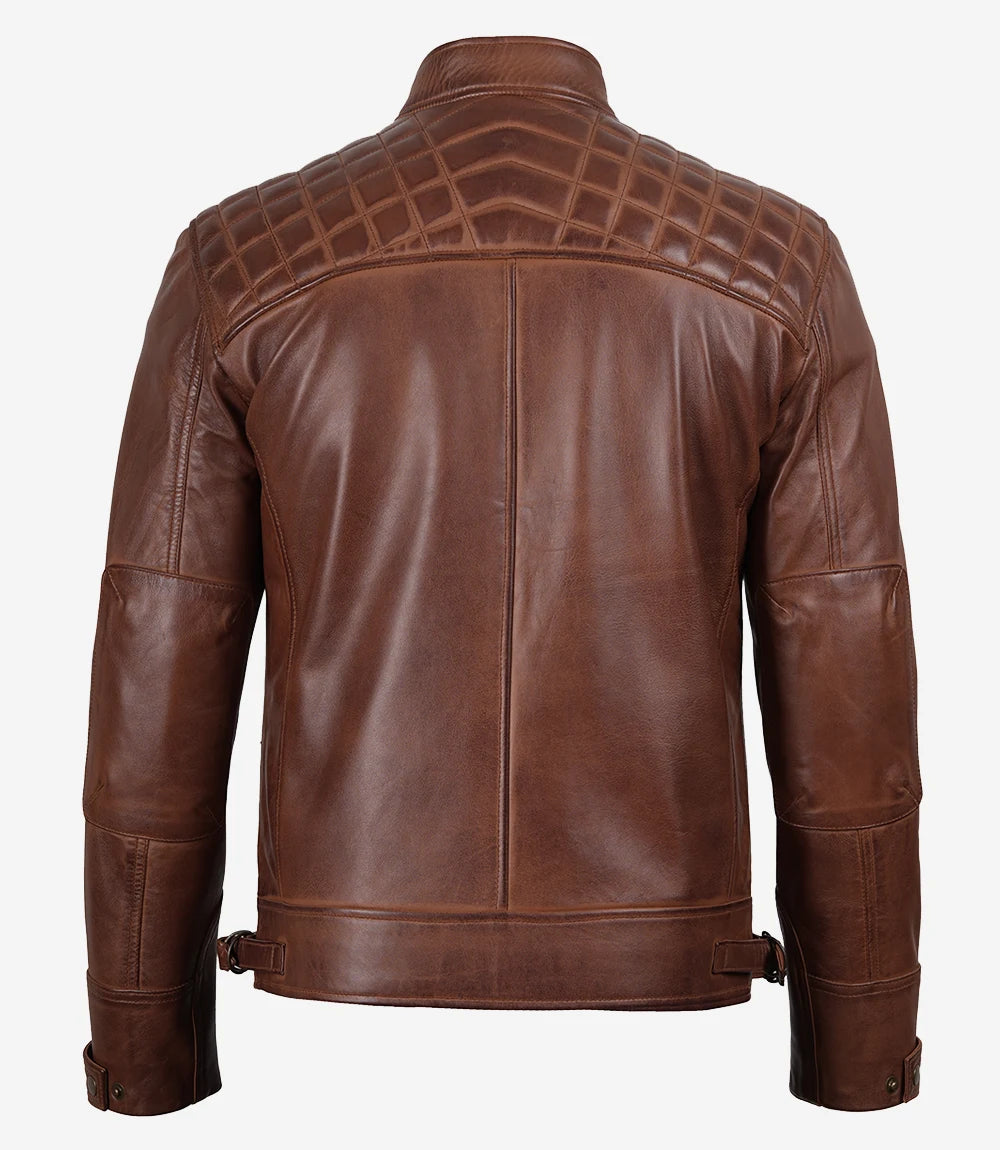 Men's Cognac Brown Quilted Biker Style Leather Jacket