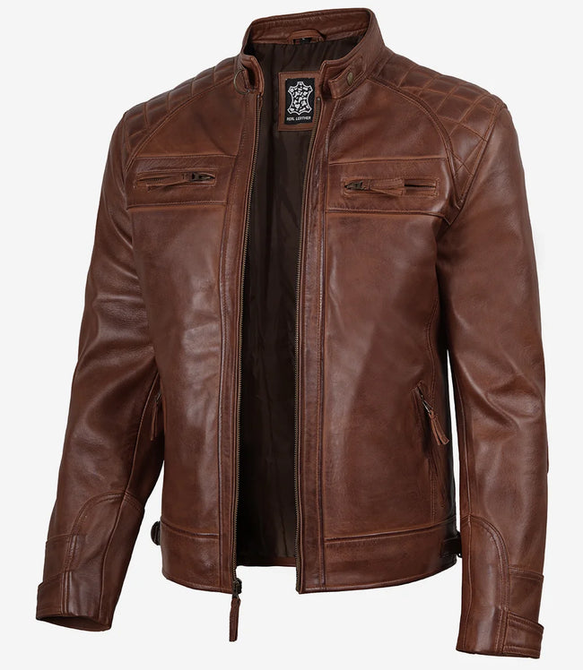 Men's Cognac Brown Quilted Biker Style Leather Jacket