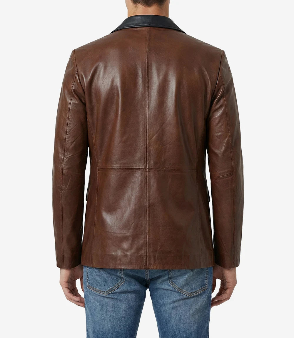 Men's Cognac Leather Blazer with Black Notch Lapel