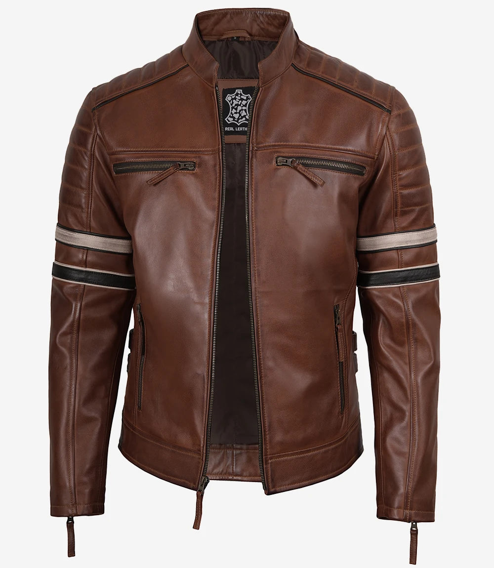 Mens Real Leather Cognac Biker Style Jacket With Dual Stripes