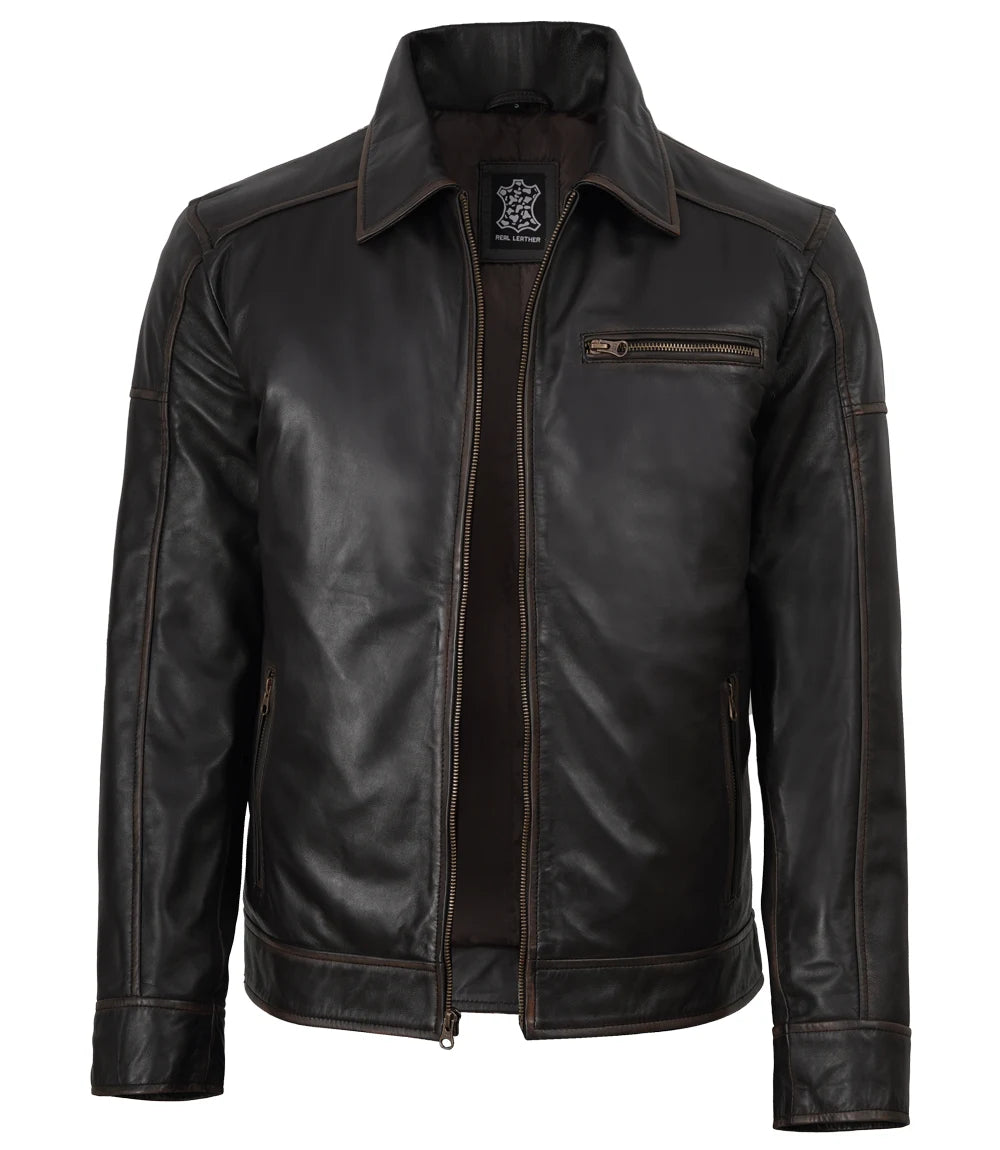 Men's Dark Brown Rub Off Leather Harrington Jacket