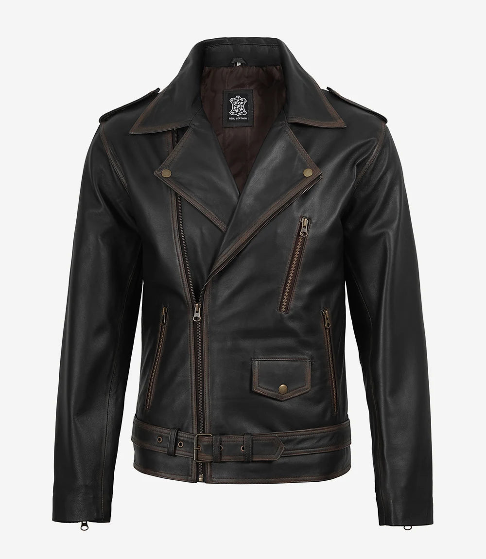 Men's Distressed Dark Brown Leather Biker Style Jacket with Belt